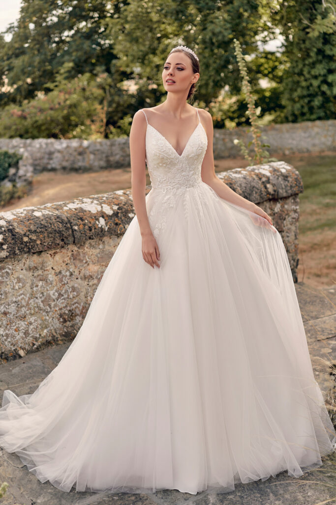Bustier style A-line wedding dress with pearl waistline