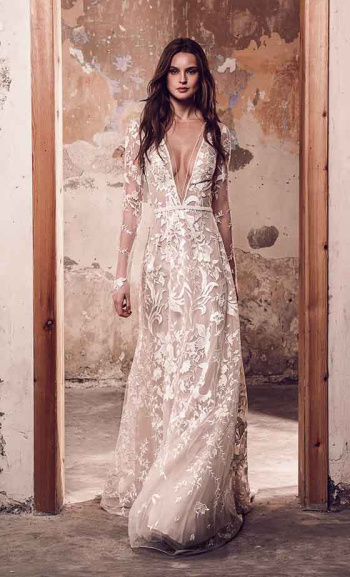 A romantic chiffon A-line wedding dress with long blouson sleeves and  delicate lace edging. – Kelsey Rose